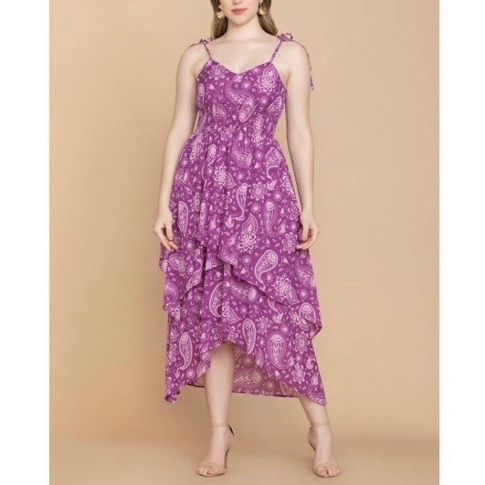 New Bohera Purple Paisley Drop Waist Ruffled Midi Dress Size Large‎